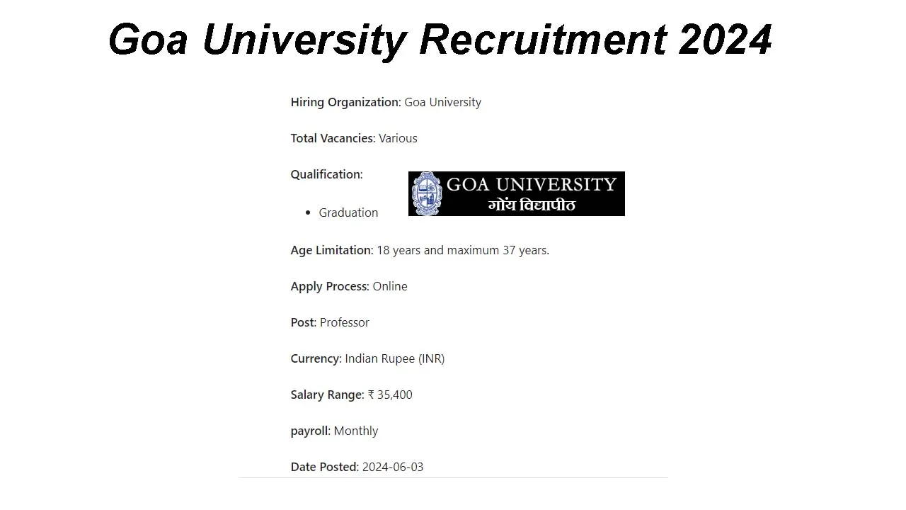 Goa University Recruitment 2024: inviting Apply Form for Various Vacancies