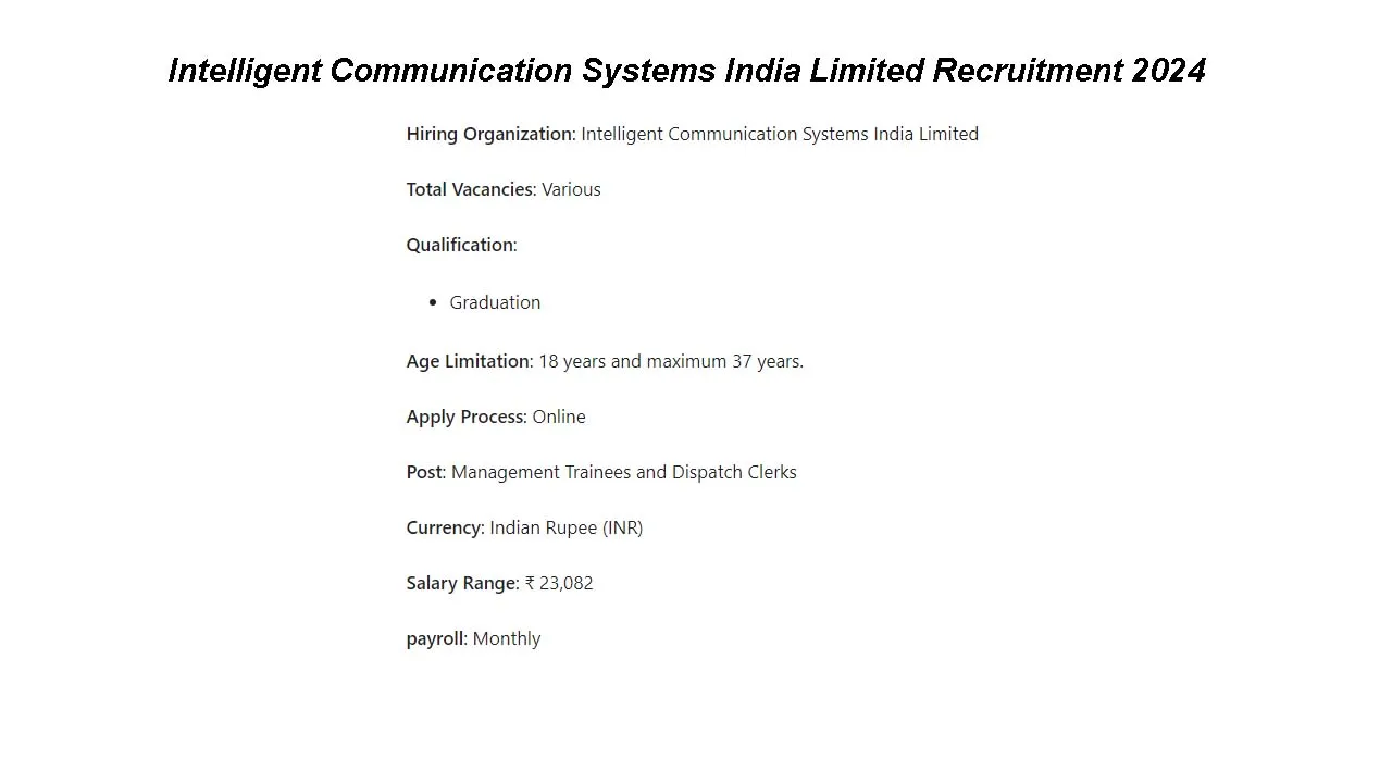 Intelligent Communication Systems India Limited Recruitment 2024: inviting Apply Form for Various Vacancies