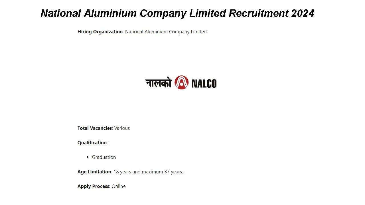 National Aluminium Company Limited Recruitment 2024: inviting Apply Form for Various Vacancies
