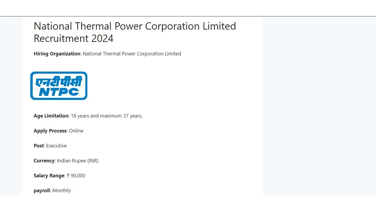 National Thermal Power Corporation Limited Recruitment 2024: inviting Apply Form for Various Vacancies