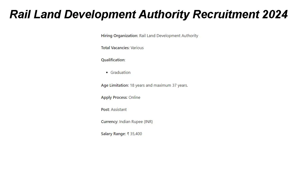 Rail Land Development Authority Recruitment 2024: inviting Apply Form for Various Vacancies