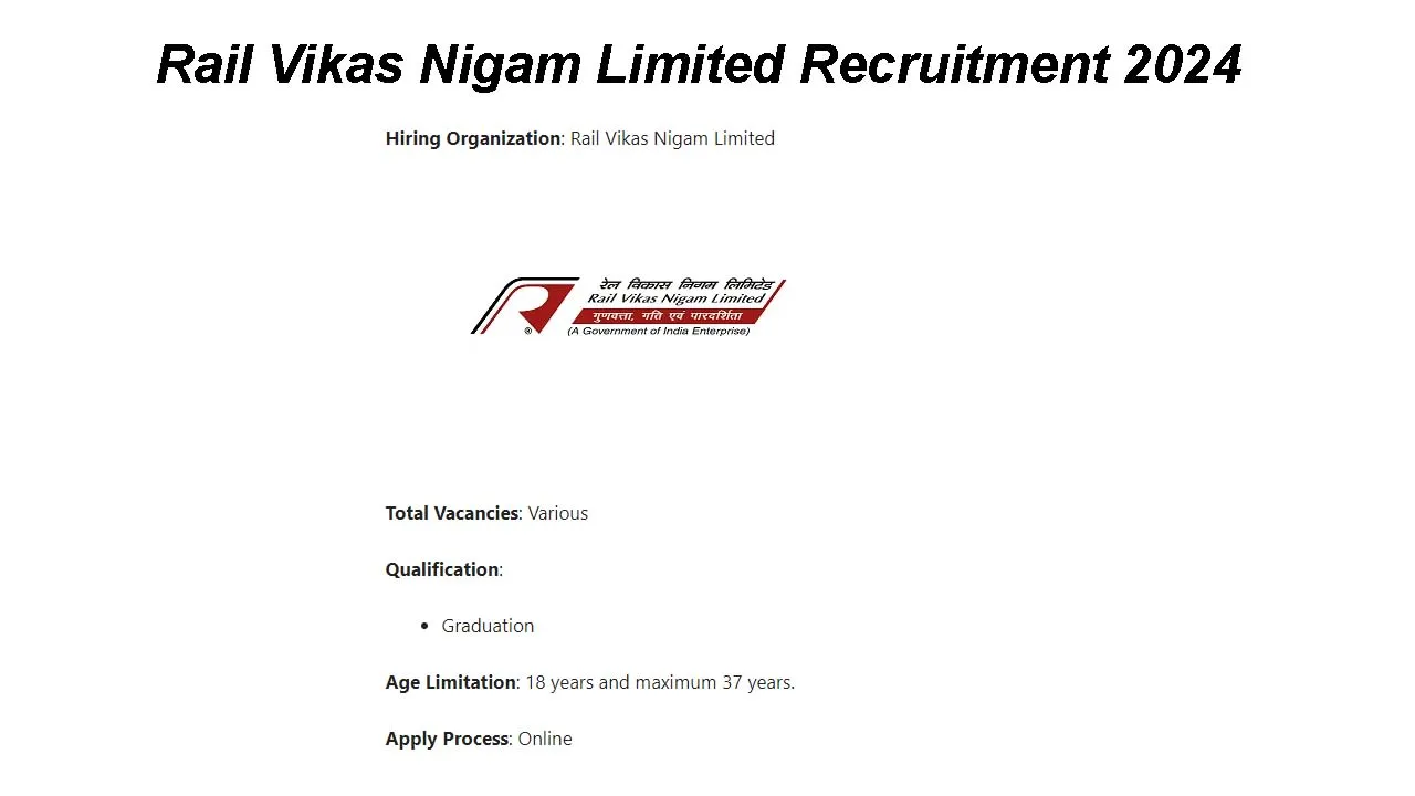 Rail Vikas Nigam Limited Recruitment 2024: inviting Apply Form for Various Vacancies