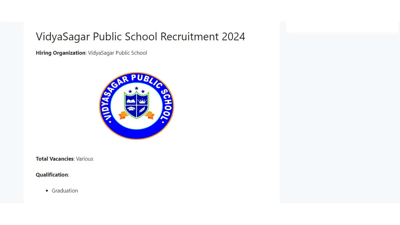 VidyaSagar Public School Recruitment 2024: inviting Apply Form for Various Vacancies